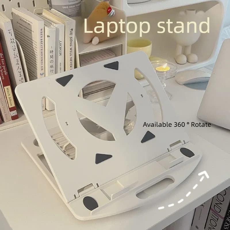 Supporto pieghevole per laptop con rotazione a 360 gradi, vassoio cavo, sollevamento e piegatura regolabili, portatile, con raffreddamento integrato
