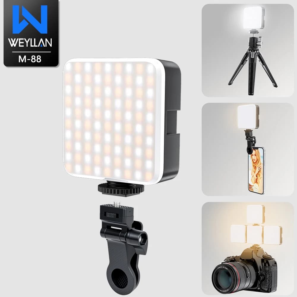 WEYLLAN M-88 2000mAh Luce video a LED con 3 scarpe fredde Mini fotocamera Lampada di riempimento Fotografia Illuminazione per Vlog Live Streaming DSLR