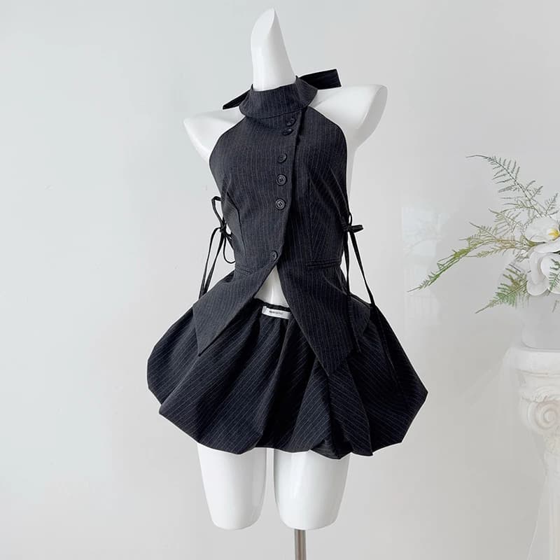 Two-piece Skirt Sets Striped Suit with Halter Vest Summer Grey Cool Girls Fitted Outwerar Backless Vest Elast Waist Mini Skirt
