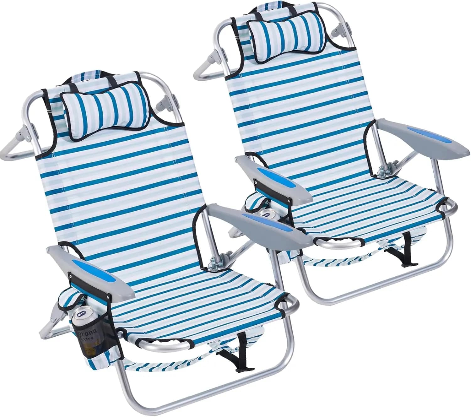Set di 2 Sedie da Campeggio e Spiaggia Leggere e Portatili per Adulti, 5 Posizioni Reclinabili, Sedia a Zaino con Porta Asciugamani e Portabicchieri