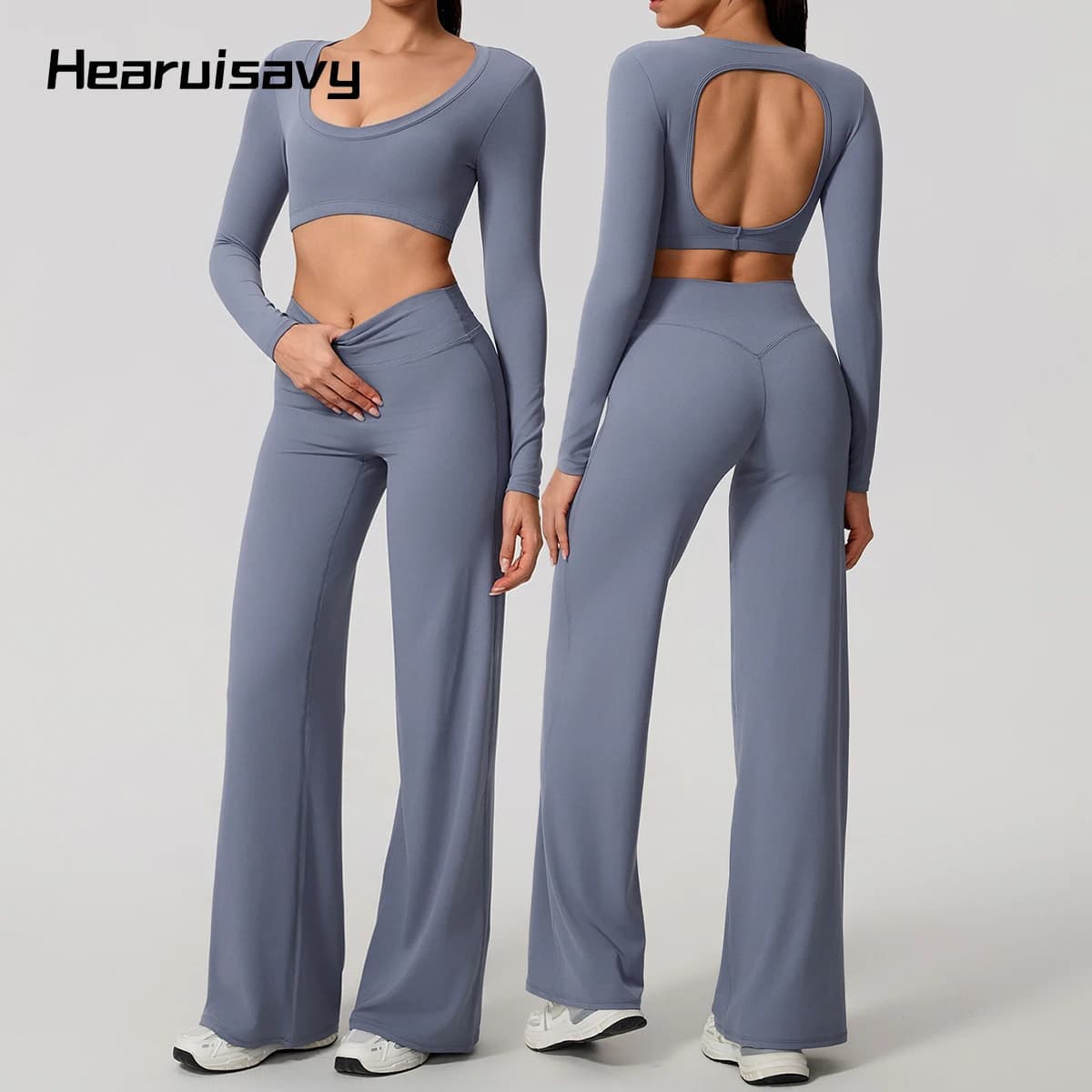Hearuisavy sports set 2 pieces women's long sleeve without back fitness top push up pilates yoga top leg wide pants straight leg