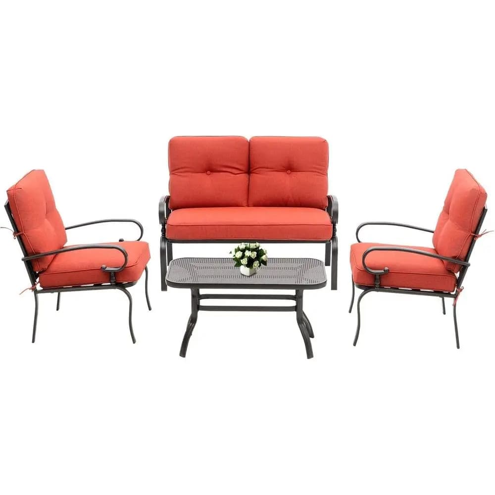 Garden Furniture Set in Red Metal: Sofa, 2 chairs, Table with cushions for Prato, Veranda, Garden