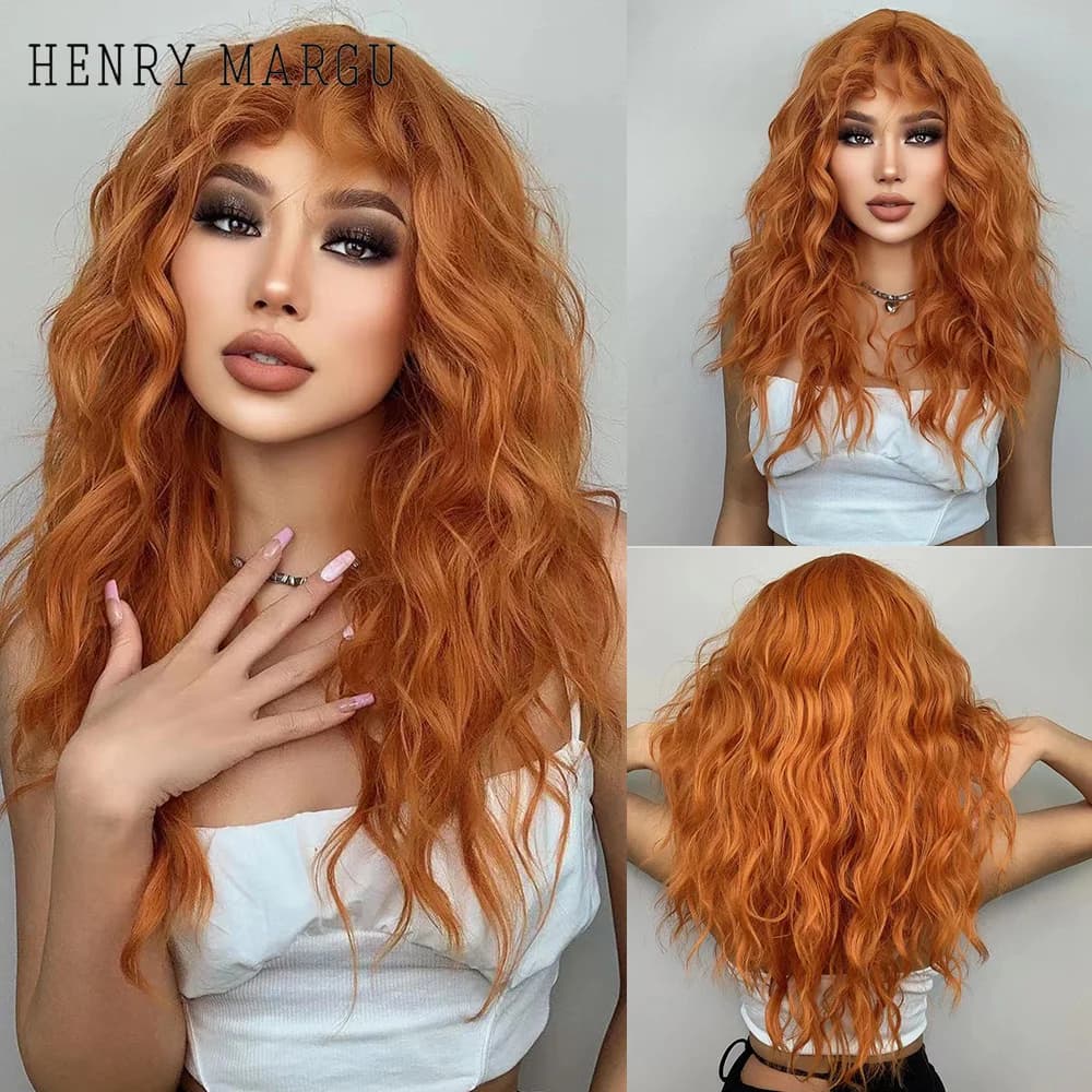 HENRY MARGU Parrucca sintetica gialla rame rosso zenzero per donna Parrucche lunghe ondulate ricce con frangia Capelli resistenti al calore per feste cosplay