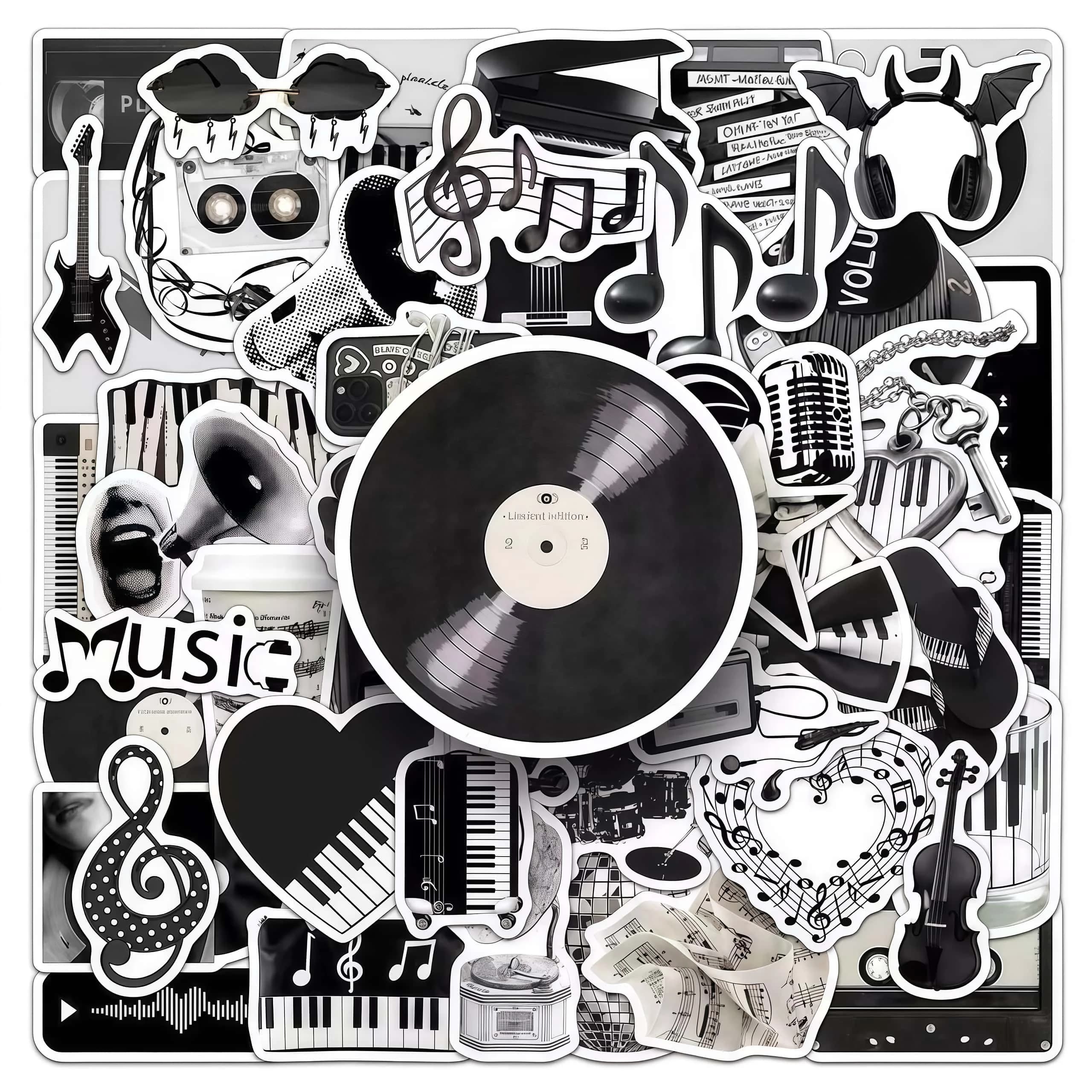 50Pcs Black White Musical Instrument Stickers, Vintage Vinyl Guitar Piano Note Decals for Laptop Skateboard Water Bottle DIY