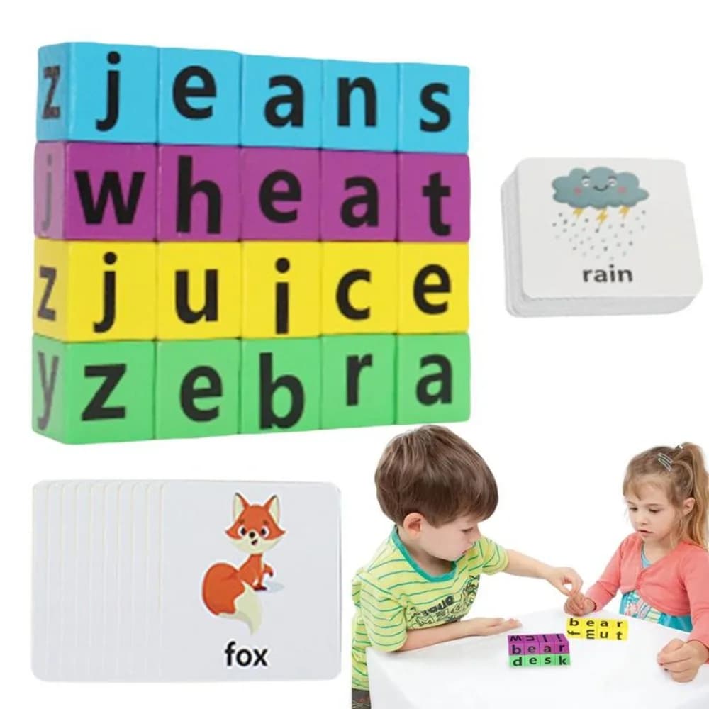 Flashcard in Legno per l'Apprendimento della Lingua, Carte Educative per Bambini, Gioco di Ortografia dell'Alfabeto, Carte con Parole in Inglese, Gioco Puzzle, Blocchi per l'Ortografia delle Lettere