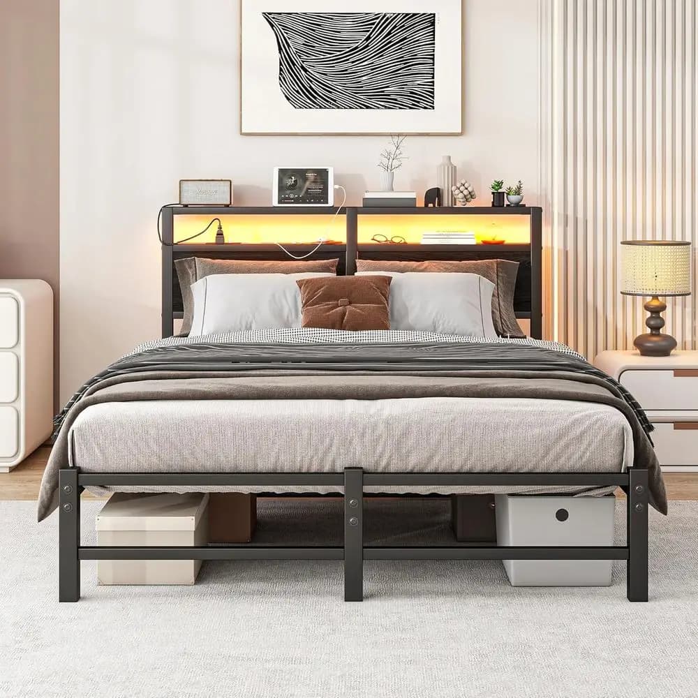 Double bed with LED lights, USB storage panel and charging station, metal platform, standard double bed, no need for spring network, sturdy.