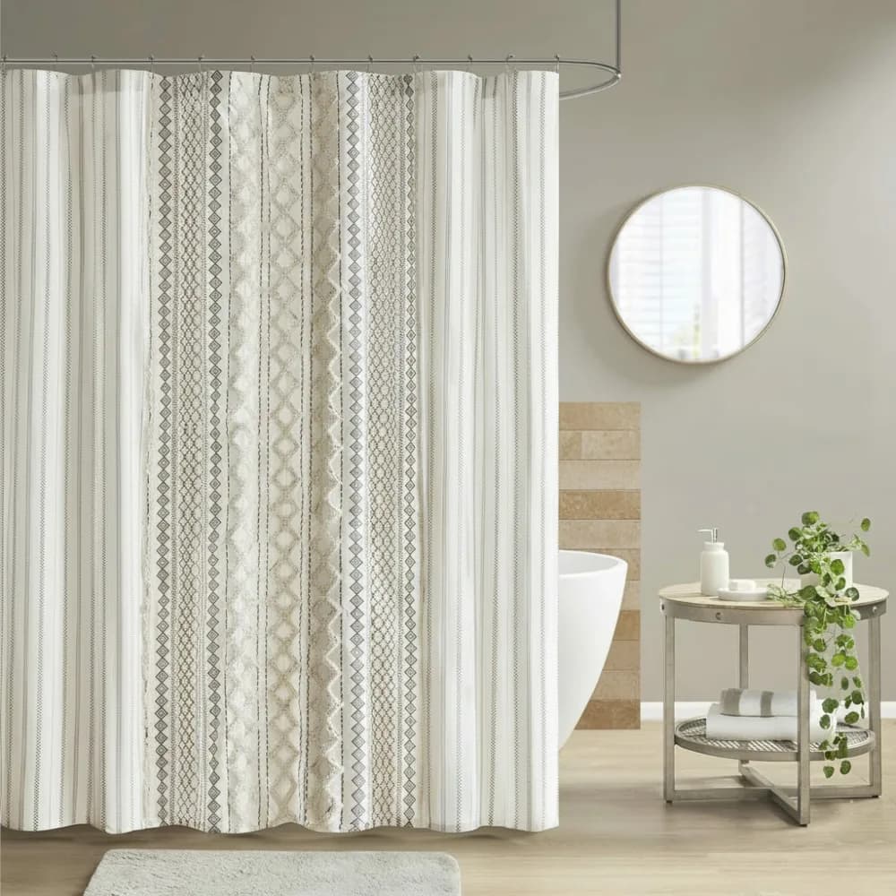 Modern cotton shower curtain with lashes strip, washable in washing machine, 72x72 inches, ivory for bathroom furniture