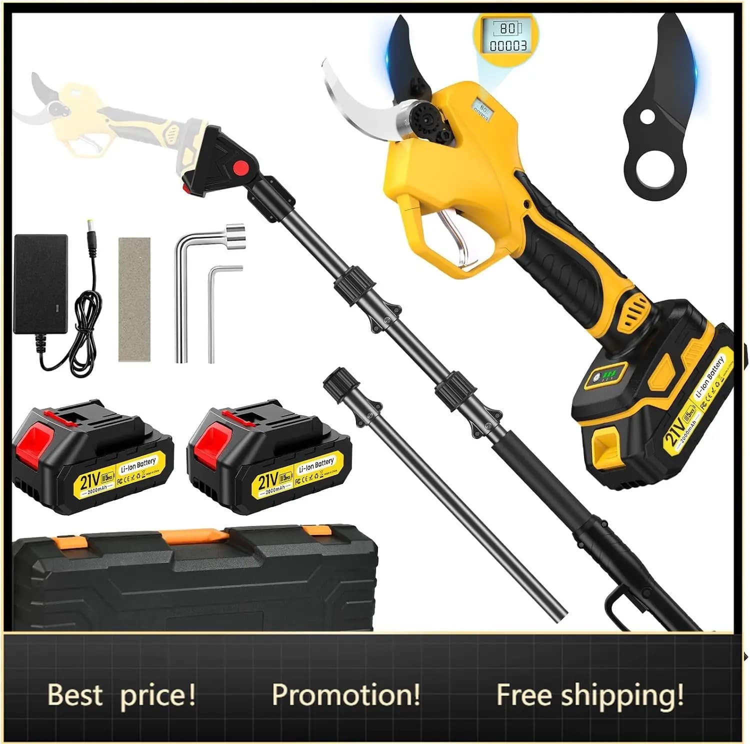 BestsellerElectric Pruning Shears Cordless with 8FT Pole, Max Cutting Diameter 2.7 inch, 21V 2 * 2Ah, 1000w Brushless Motor, Wor