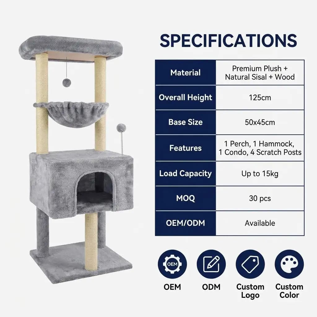 Sturdy Indoor Cat Tree with Large Hammock and Sisal-Wrapped Posts Space-Saving Vertical Playground for Multi-Cat Home