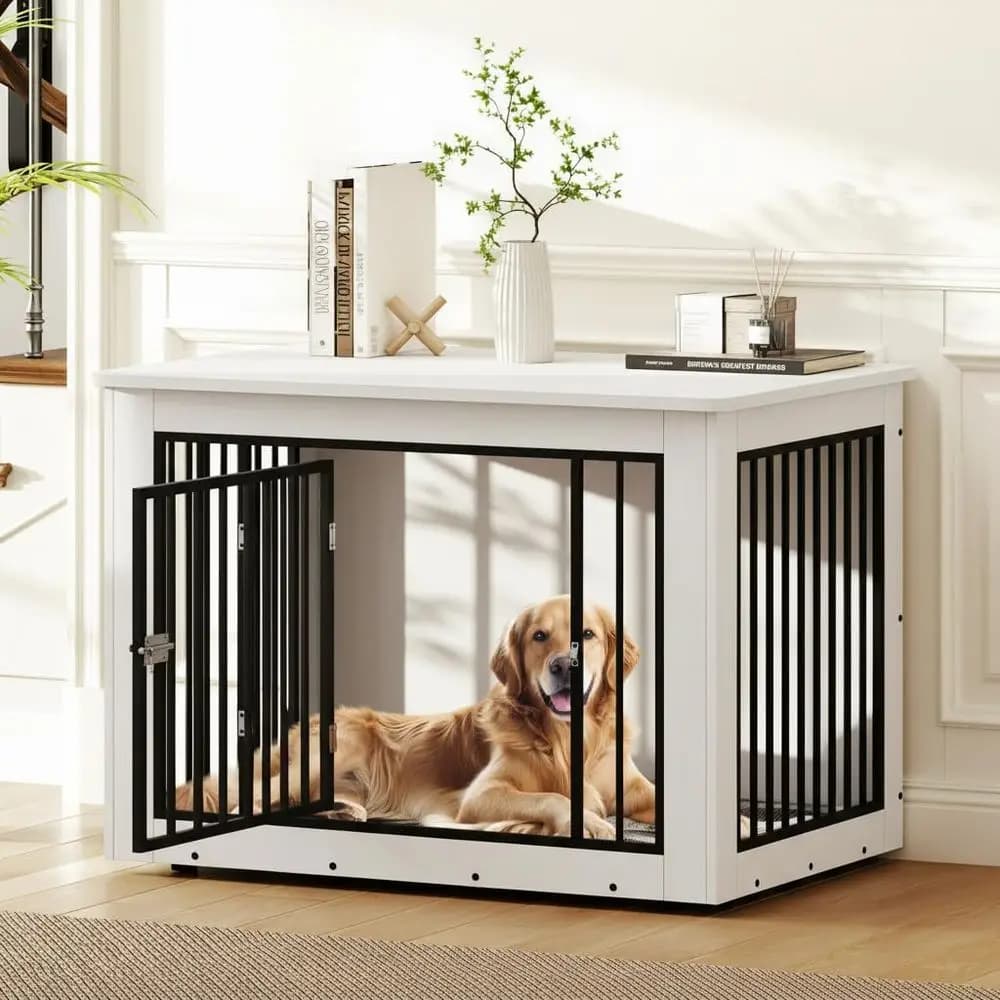 Cuccia per cani da interno, 38 pollici, con funzione tavolino, gabbia decorativa in legno stile rustico, resistente ai morsi, bianca