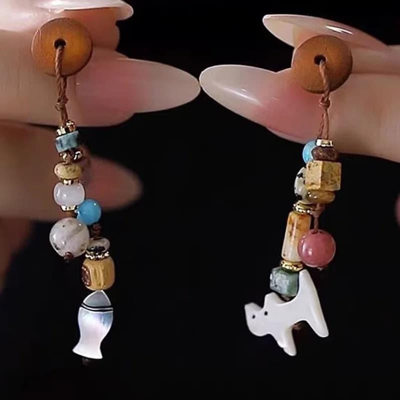 Orecchini pendenti con gatto e pesce conchiglia per donna Orecchini etnici fatti a mano in pietra Gioielli eleganti vintage Gioielli divertenti e carini