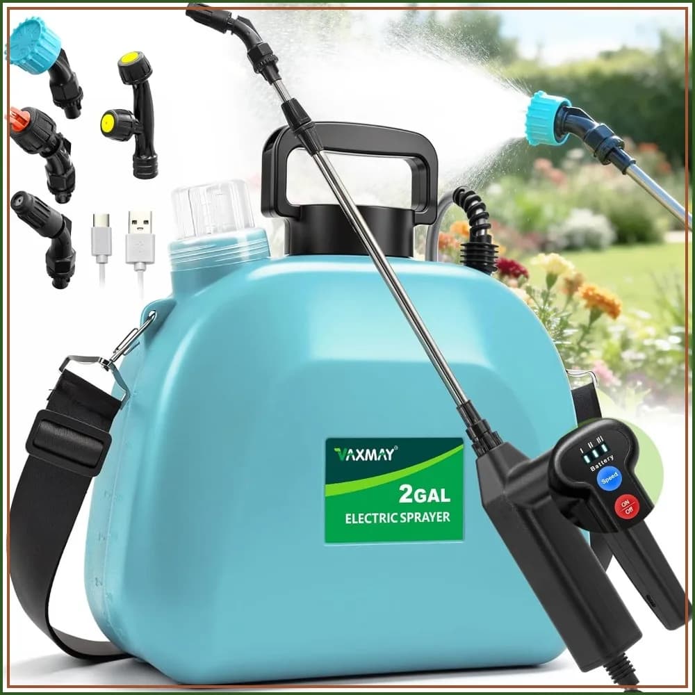 2 Gallon Battery Sprayer, 3-Speed Electric Garden Sprayer with Battery Indicator, 4 Nozzles, Telescopic Wand, Shoulder Strap