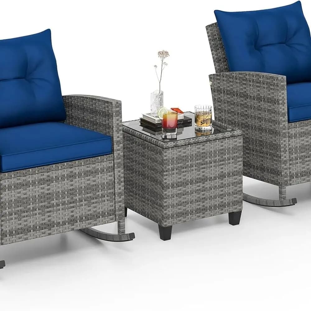 Set da bistrot a dondolo da esterno in 3 pezzi con sedie in vimini PE e piano in vetro temperato, imbottito, ideale per patio o bordo piscina (grigio e