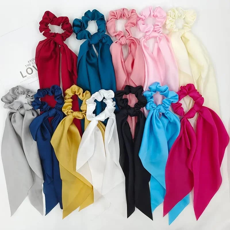 Moda tinta unita fiocco in raso lungo nastro coda di cavallo sciarpa cravatte per capelli Scrunchies donne ragazze fasce elastiche per capelli dolce copricapo