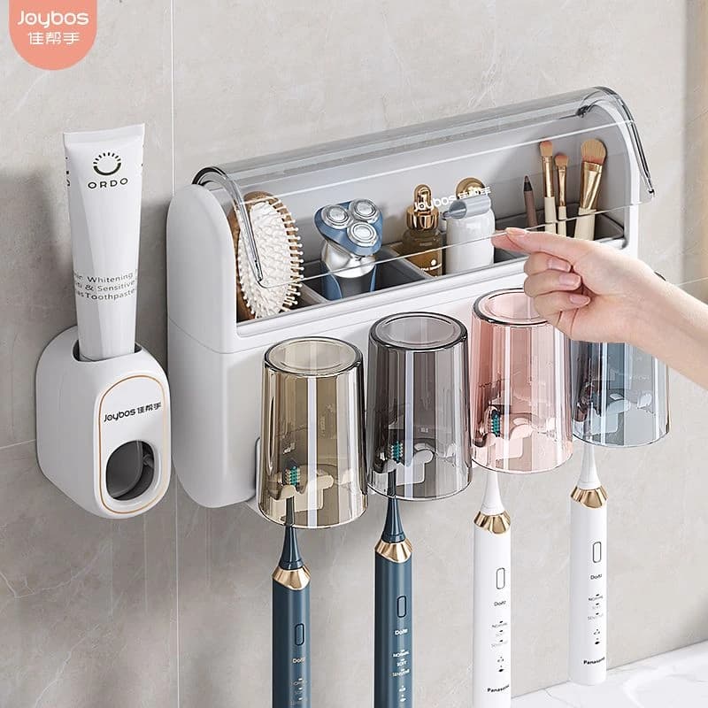 Joybos Toothbrush Holder Wall Mounted 4 Cups Set Self Adhesive No Drill Automatic Toothpaste Dispenser Bathroom Storage