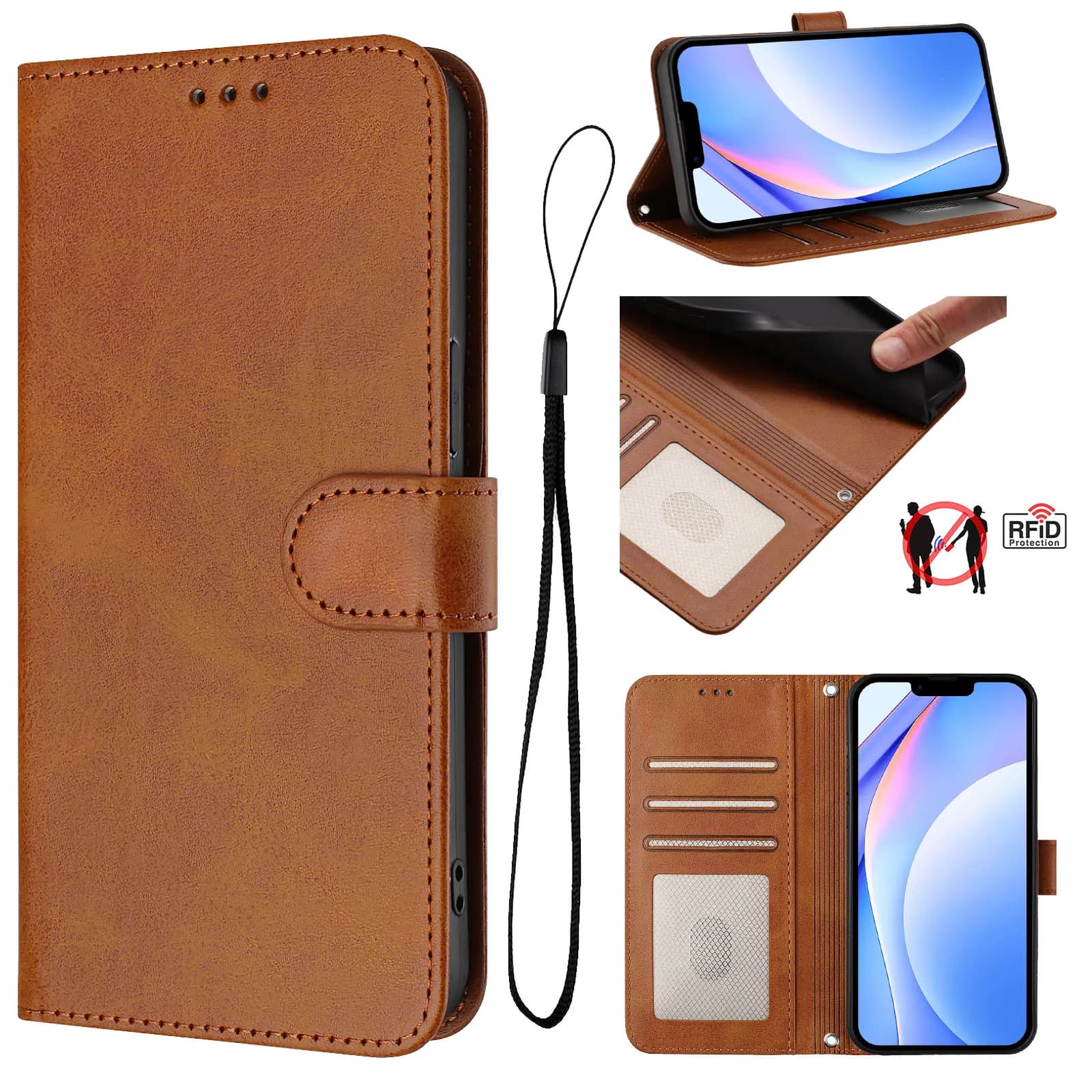 Flip Case for Samsung Galaxy Wide 7 6 5 Quantum 4 Buddy 3 Jean 2 Jump 5G Magnetic Leather Clip 3 Card Wallet Case with Wrist Cord