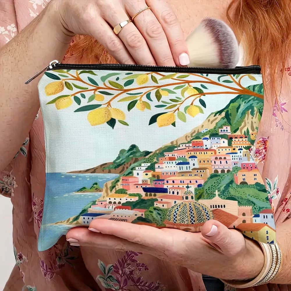 Borse da viaggio per trucchi da donna con stampa paesaggistica, doppia stampa Grecia Italia Firenze Francia, organizer per cosmetici da donna e ragazza, portafoglio per bambini