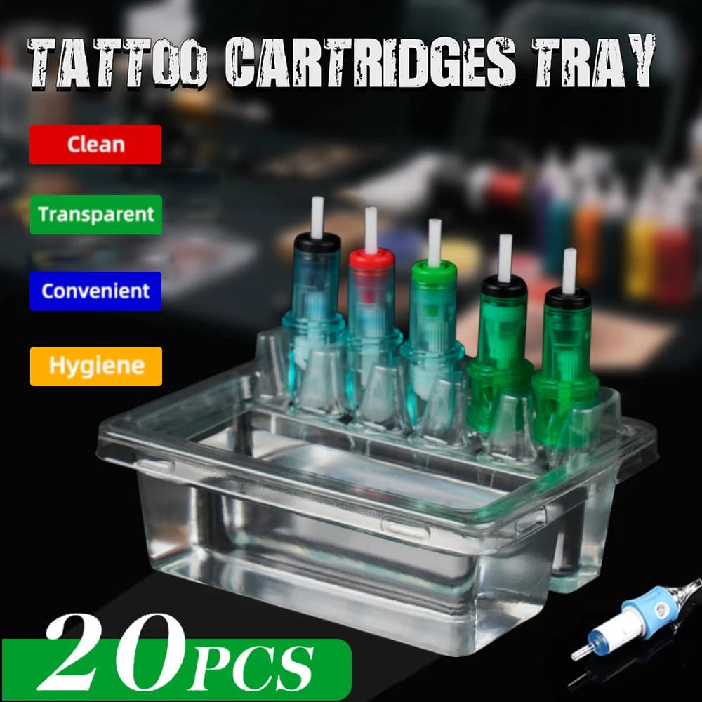 20 pz/scatola Trasparente Usa E Getta Cartuccia Del Tatuaggio Vassoi Per Aghi Cartuccia Del Tatuaggio di Plastica Supporto di Tazza per la Pulizia della Tazza di Lavoro
