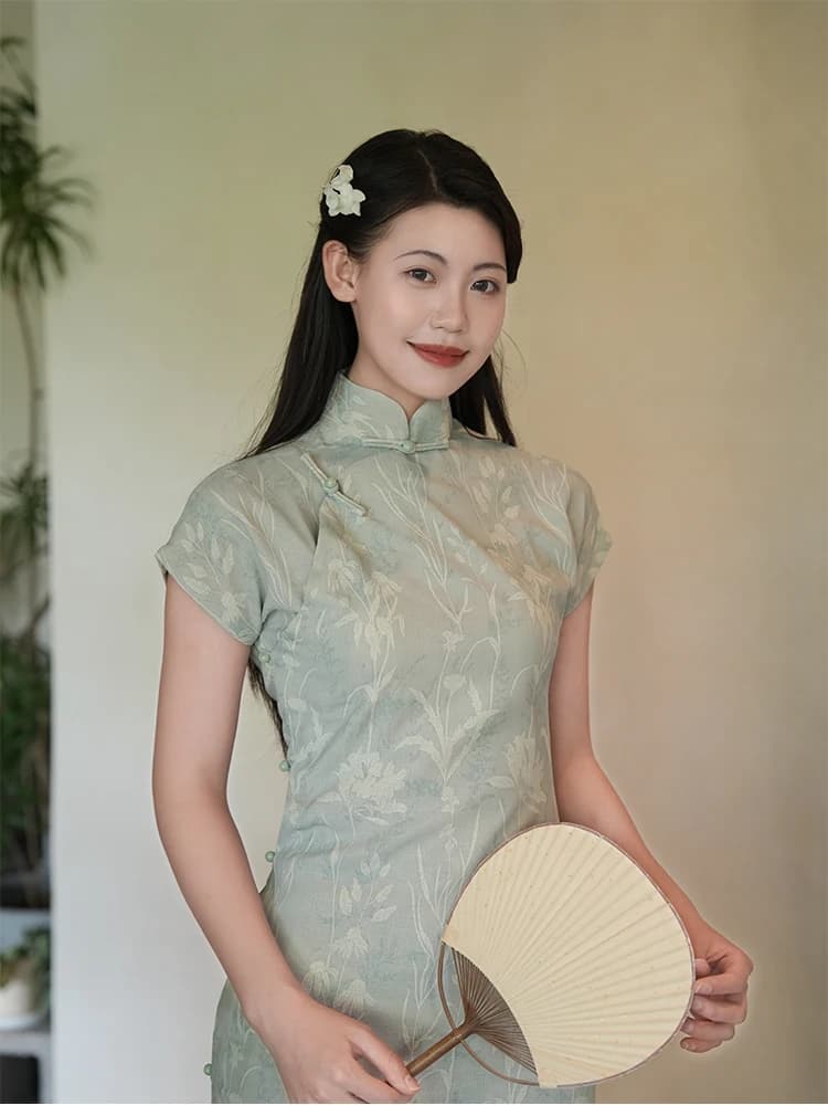 Jiangnan Flocking | Pastel Green Ancient Style Dress Elegant Artistic Short Sleeve Daily Wear Summer Long Dress