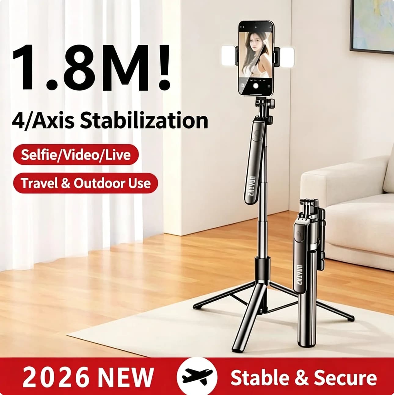 1.8M Selfie Stick Tripod with Bluetooth Remote,360 Degree Rotation Fill Light Handheld Floor Stand Universal Phone Holder for Ti
