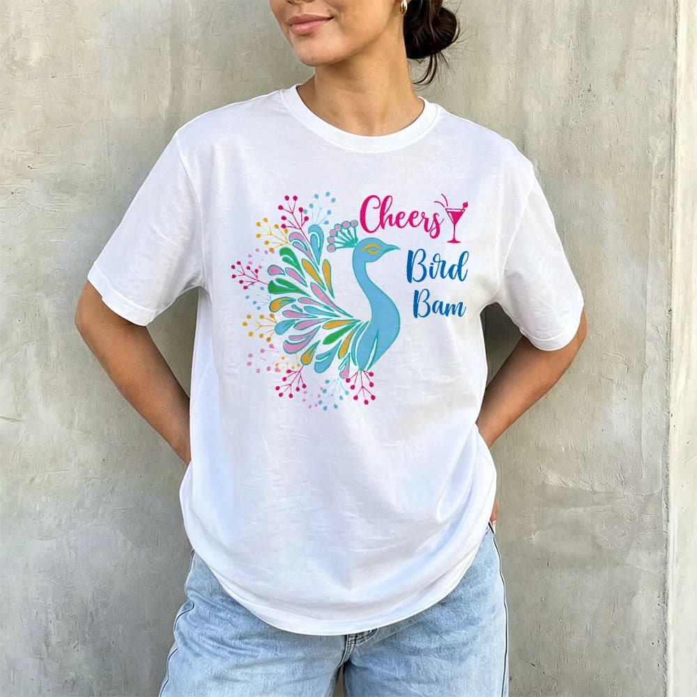 Cheers Bird Bam Peacock Graphic T Shirt Colorful Floral Peacock Mahjong Bamboo Tile Slogan Print Mahjong Squad Party Gift