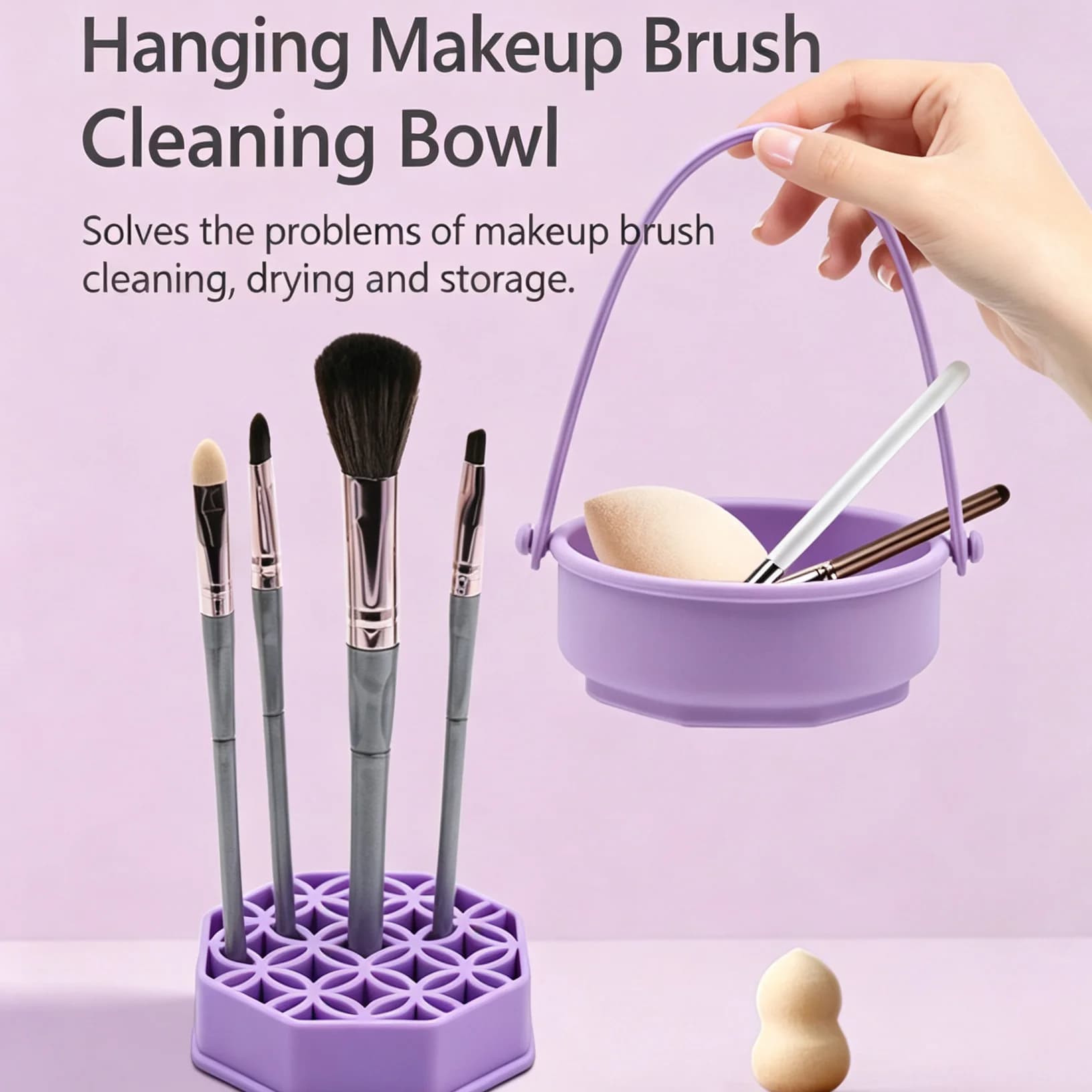2 In 1 Hanging Silicone Makeup Brush Cleaning Bowl, Portable Wash & Dry Rack for Makeup Sponges Beauty Blender Cosmetic Tools