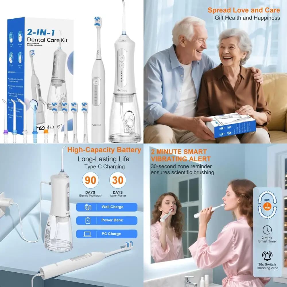 Spazzolino Elettrico e Idropulsore a Doppia Funzione, Ricaricabile, Spazzolino 2000mAh e Irrigatore 2500mAh, Serbatoio 300ml, 4 Testine, 5 Ugelli