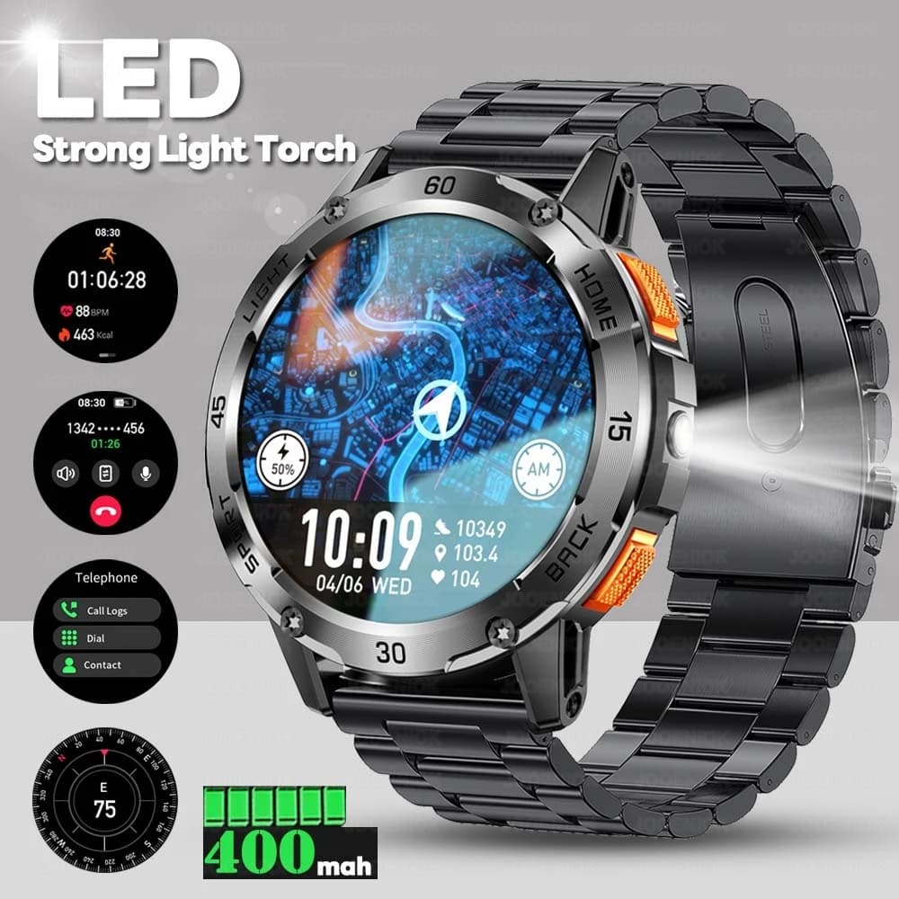 Nuovo robusto orologio militare intelligente da uomo bussola torcia a LED IP68 impermeabile GPS Motion Track 400 mAh batteria BT chiamata Smartwatch