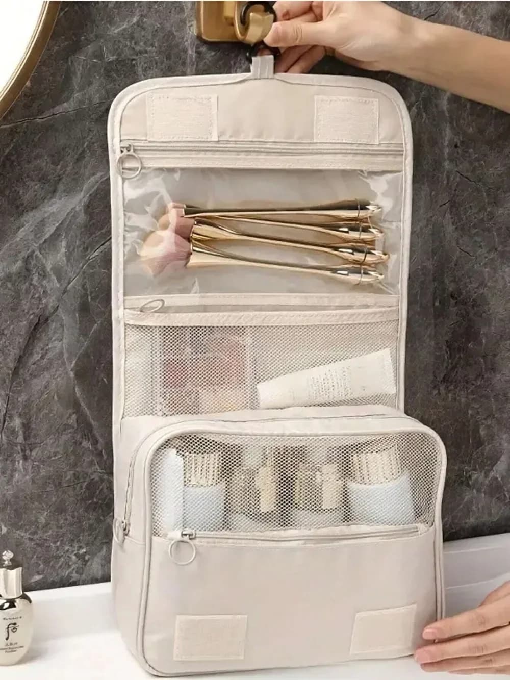 1pc Travel Toiletry Bag, Portable Cosmetic Wall Hanging Makeup Storage Bag For Shower Room Accessories 2030