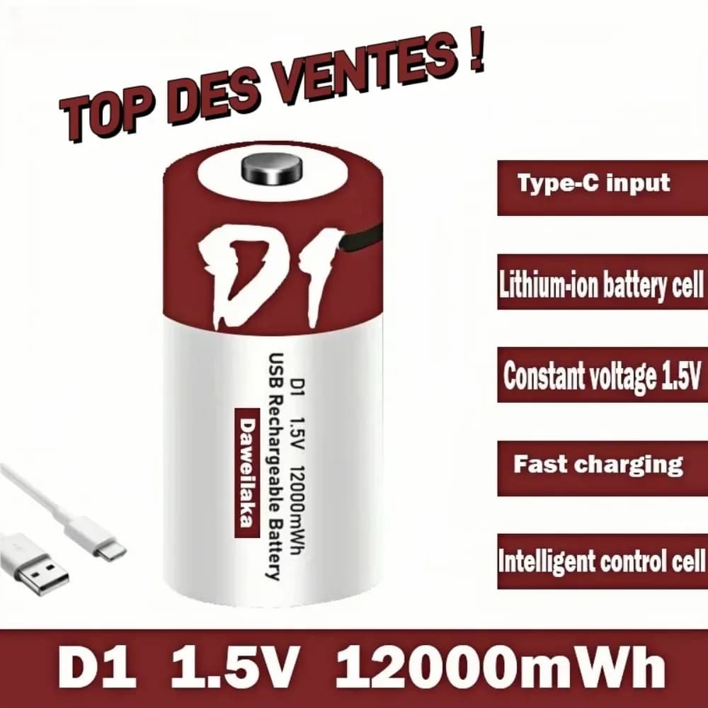 1.5V D Size Lithium-ion Battery 12000mWh USB Rechargeable for Flashlights Water Heaters Toys Includes Free Charging Cable