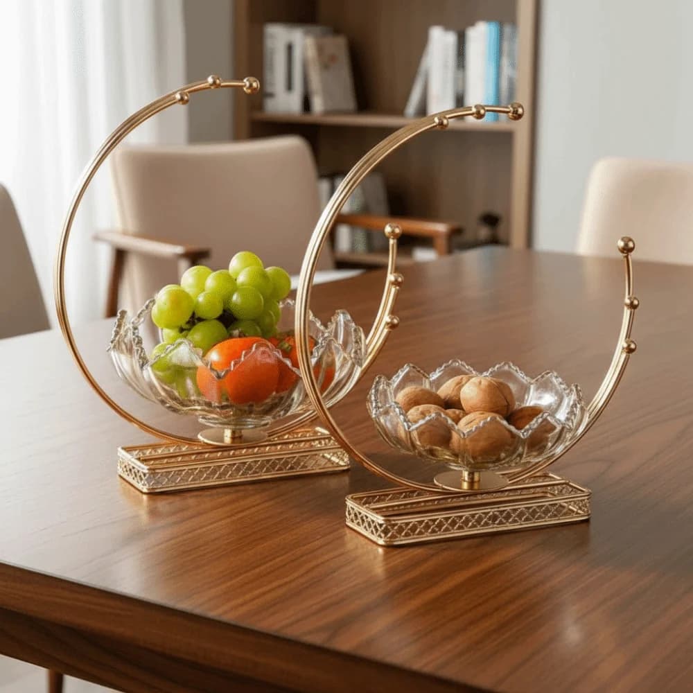 Glass Flower Basket Shape Fruit Plates Metal Frame Decorative European Fruit Tray Large Capacity Dried Fruit Plate Candy Nuts