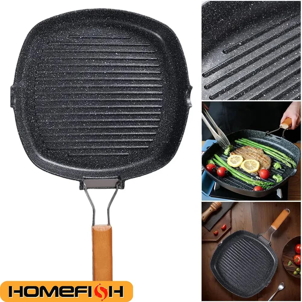 Foldable portable pan Picnic pan Anti-coating wooden handle Outdoor pan Double mouth steak pan (without cover)