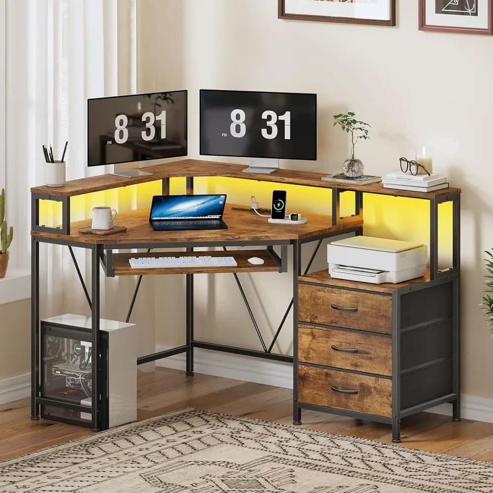 Rustic Brown Desk with Power Outlets, Drawers, Printer Shelf, LED Lights, and Monitor Stand for Small Spaces