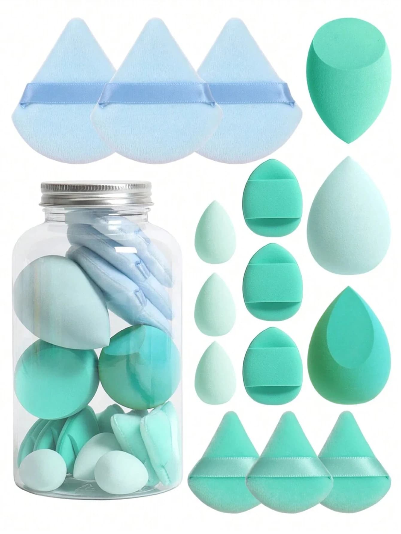 Set di 15 spugne per trucco con contenitore: 3 frullatori di bellezza, 3 mini frullatori di bellezza, 3 sbuffi di cipria, 3 mini sbuffi di cipria,
