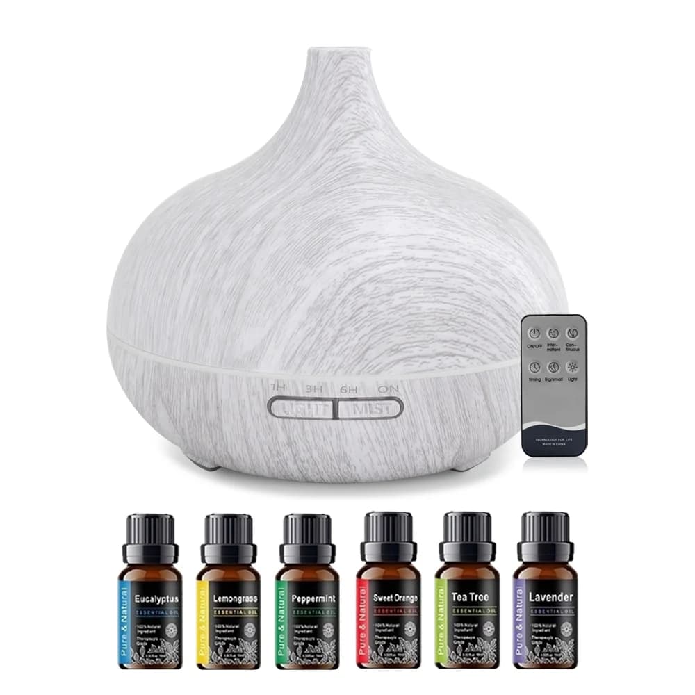 Set di diffusori di oli essenziali con venature del legno con 6 oli premium Umidificatore ad ultrasuoni con telecomando da 550 ml Silenzioso per la camera da letto