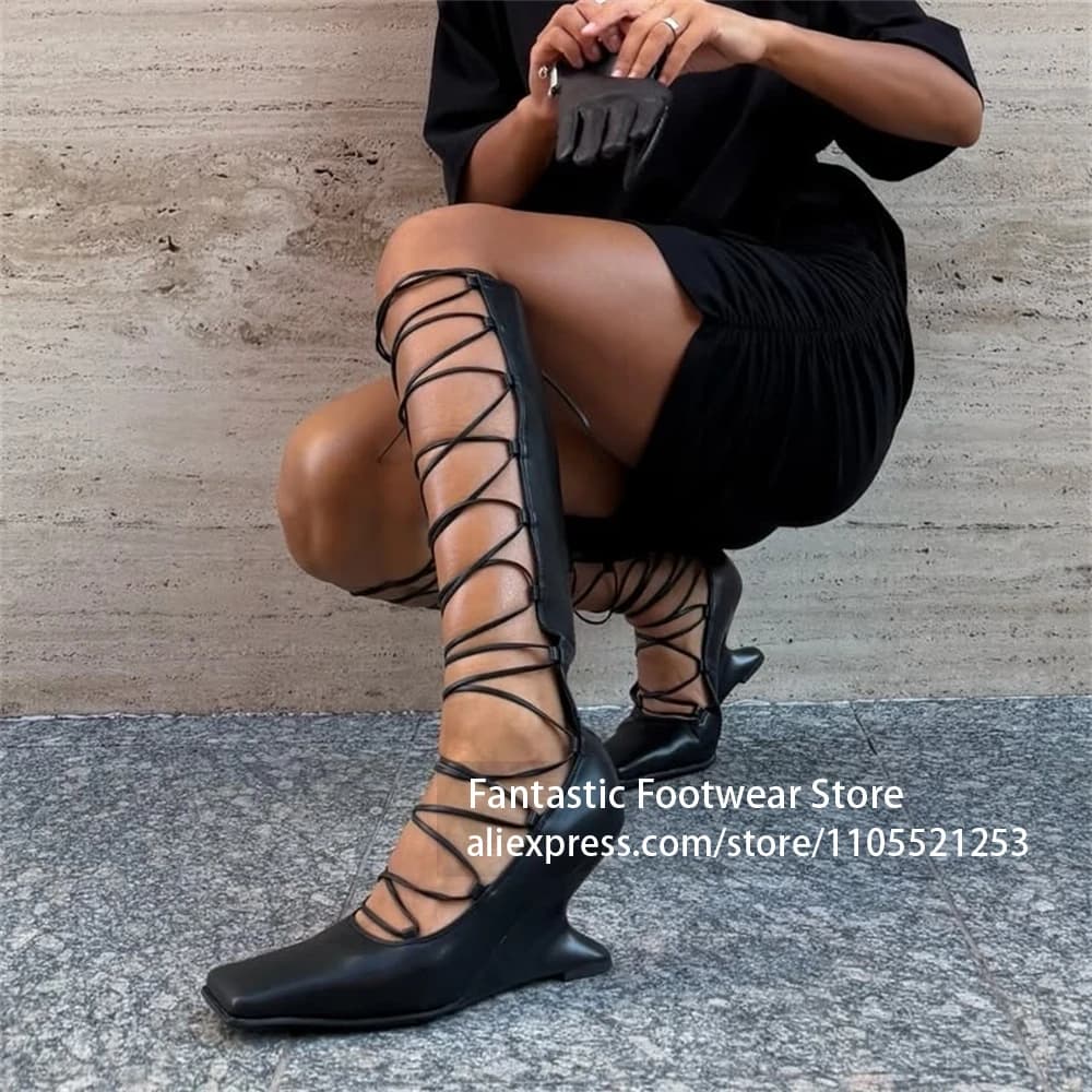 Square Toe Sculpted Wedge Heel Knee High Gladiator Sandals Cross Lace Up Hollow Out Black Casual Fashion Dress Shoes for Women