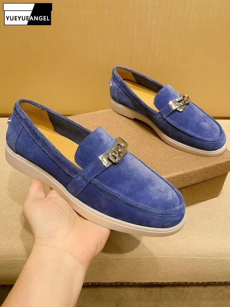 Mocassini da uomo in vera pelle, stile britannico, casual, piatti, con punta tonda, in pelle scamosciata, per ufficio, lavoro, primavera/estate.