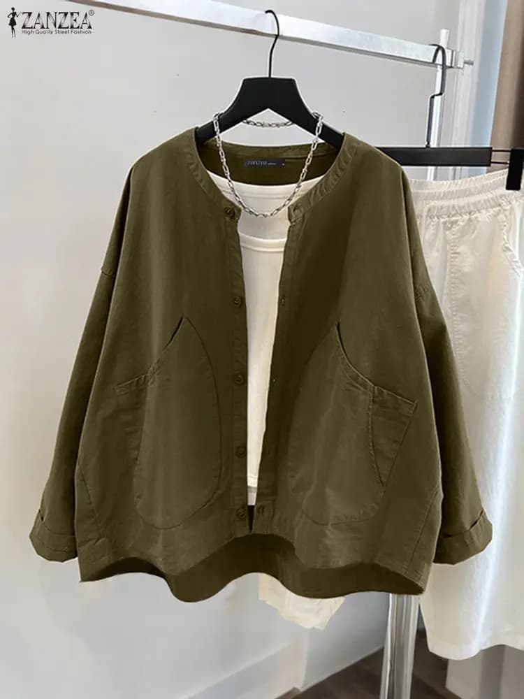 Camicie autunnali da donna 2025 ZANZEA Moda O-Collo Cardigan Bottoni Solido Manica lunga Top Casual Tasche larghe Camicette Oversize