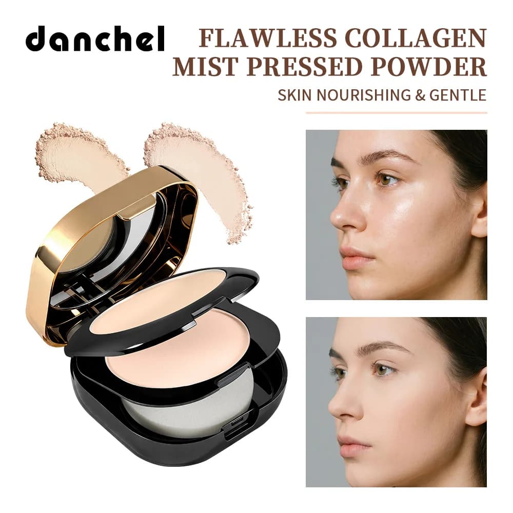 Polvere Compatta al Collagene Effetto Nebbia, Texture Setosa e Facile da Sfumare, Forte Controllo dell'Olio, Illuminante e Contorno 2 IN 1, Polvere Nutriente al Collagene