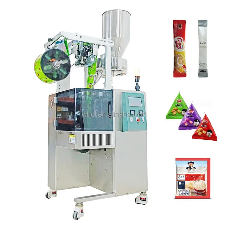 Macchina imballatrice multifunzione per bustine triangolari sigillate sul retro a 3 lati per fagioli di cioccolato, cibo soffiato, frutta secca, carta per noci
