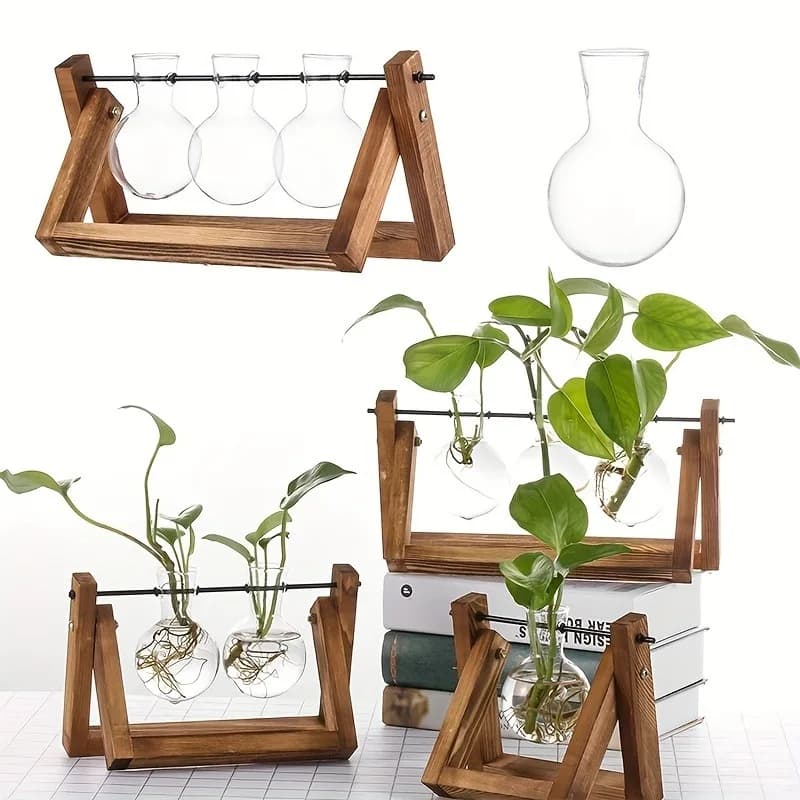 Fioriera da tavolo in vetro Stazione di propagazione Vasi per piante idroponiche in scaffale in legno Terrario per piante per la decorazione della casa Decorazione della stanza