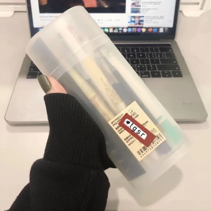 Satin transparent pen holder with lid, Round plastic box, Student Desk Organizer, Desk Container