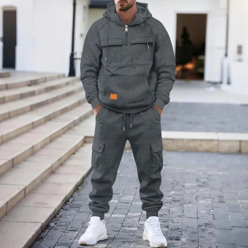 Men's Sports Complex 2 Pieces: Sweatshirt with Half Zip and Cargo Pants with Pockets, Sports Casual Suit