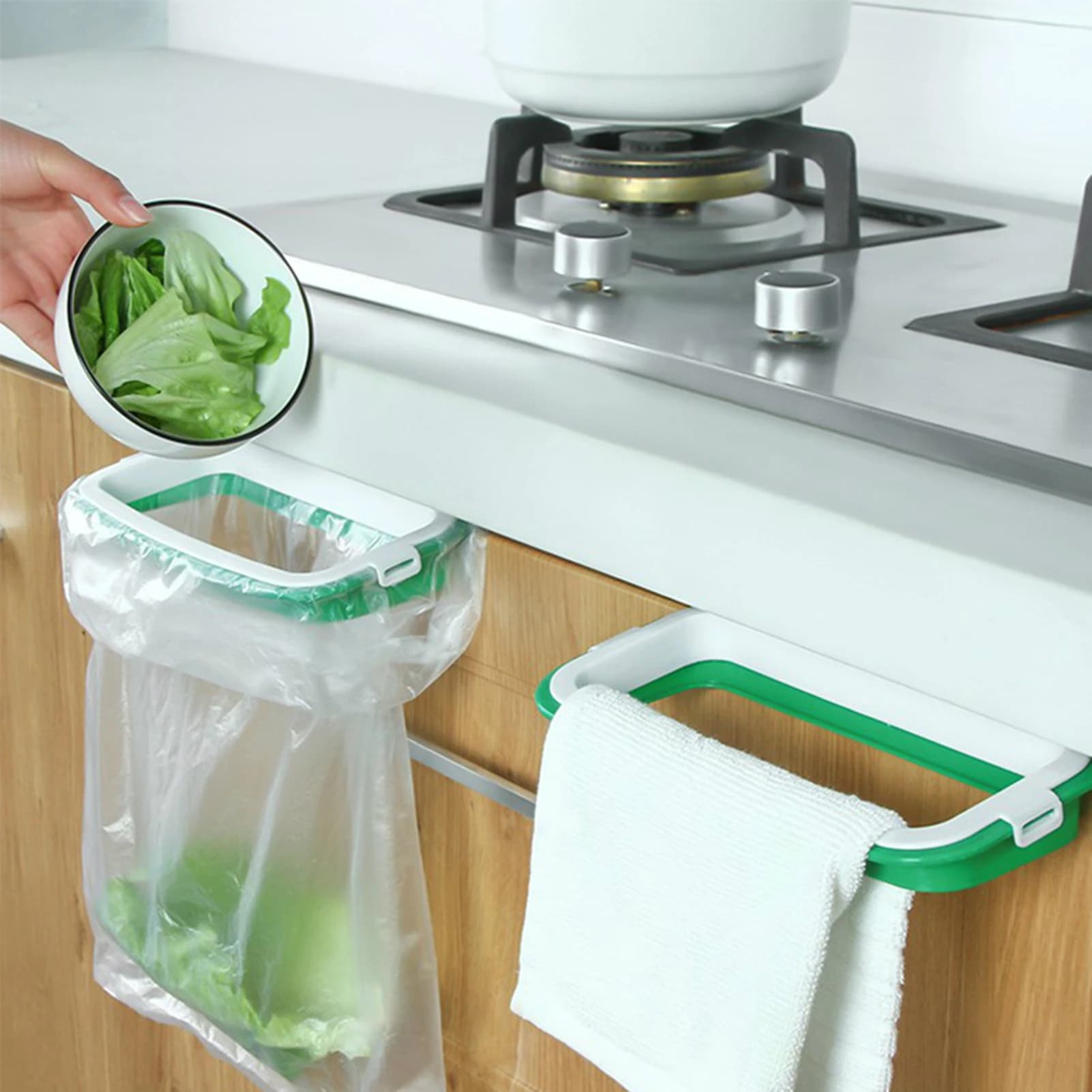 Porta Sacchetti per Rifiuti Verde Elegante con Coperchio, Supporto Portatile per Sacchetti in Plastica per Armadietto da Cucina