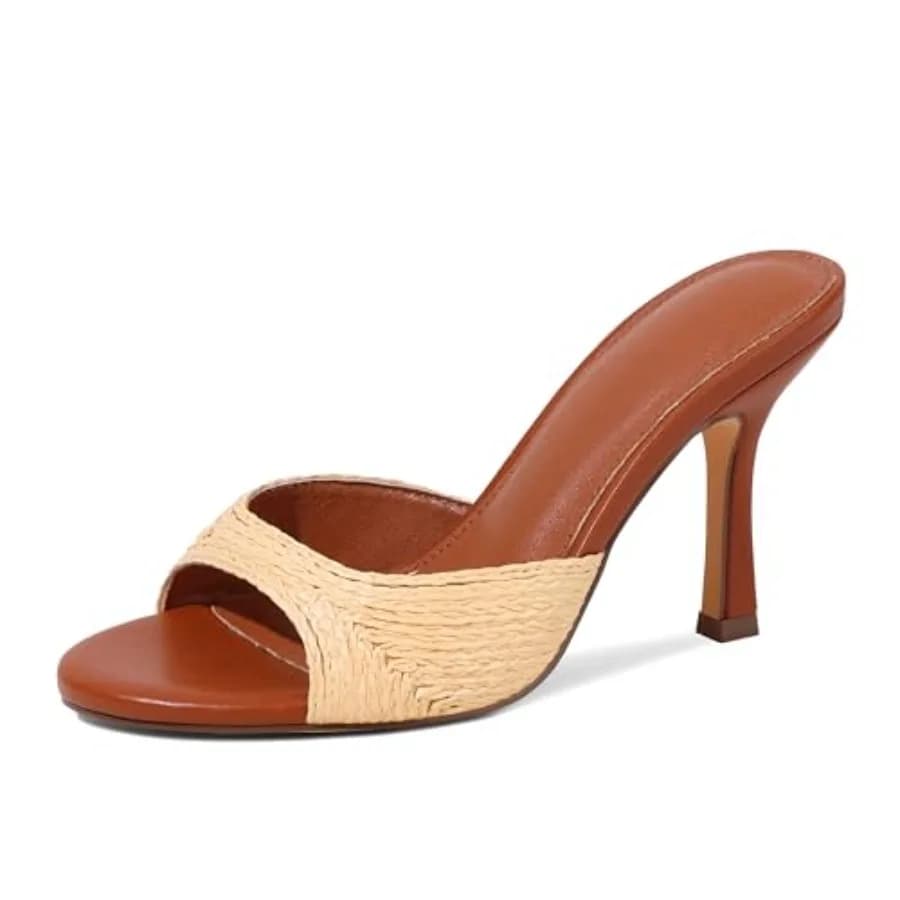 EQAUDES High Heels Mules for Women Summer Sandals Open Toe Slip on Stiletto Heels for Women Round Toe Raffia Heeled Sandals Com