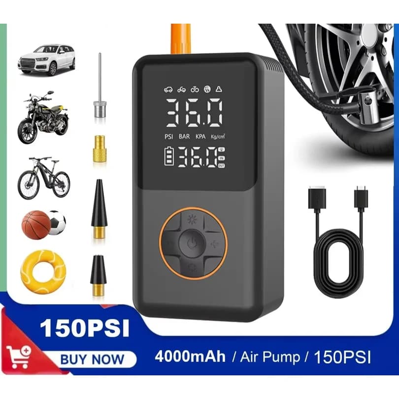 Mini Bike Tire Pump 150 PSI Tire Inflator Air Compressor Cordless , Air Pump for Car with Pressure Gauge, LED Light