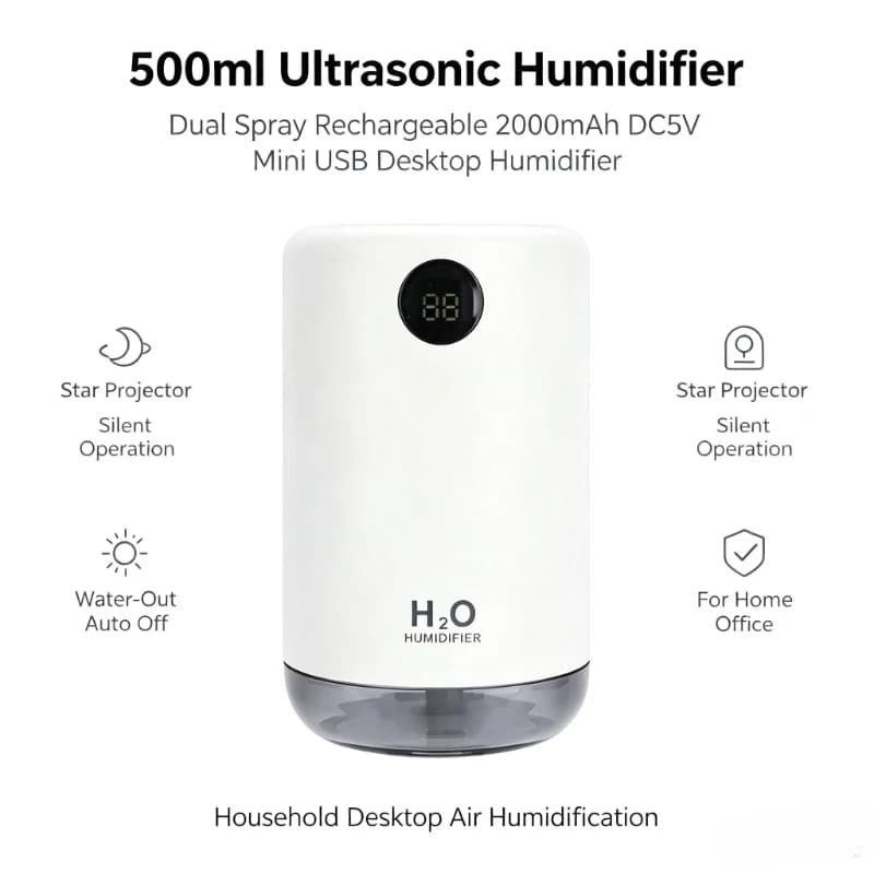 500ml Rechargeable Ultrasonic Humidifier Dual Spray Star Projector 2000mAh Mini USB Desktop Humidifier For Household Home