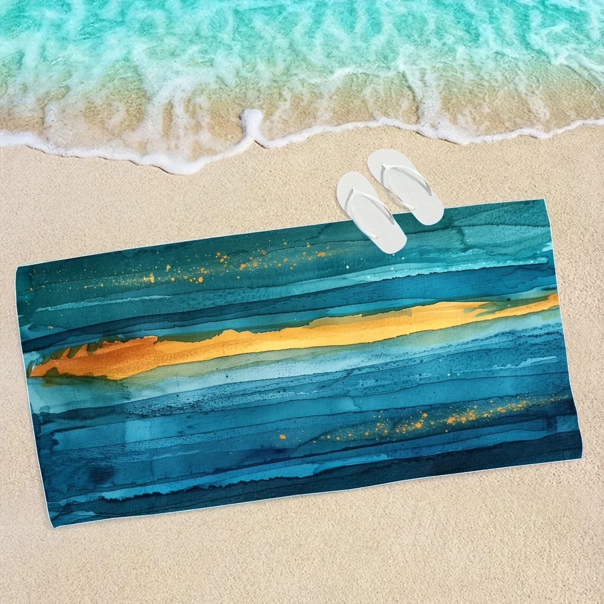 Asciugamano da spiaggia astratto blu oro con effetto acquerello, morbido asciugamano da bagno in microfibra ad asciugatura rapida, accessori estivi da viaggio per nuoto e spa