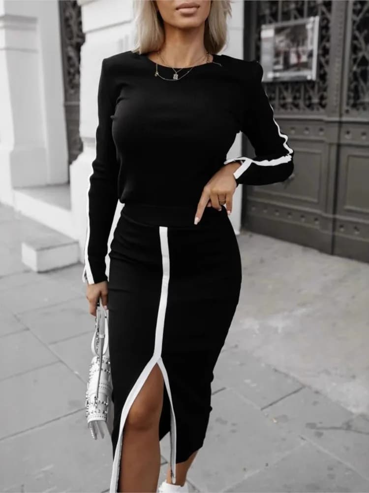 Elegant Slim Women Skirt Sets O-Neck Long Sleeve Blouse Tops + Split Long Skirts Two Piece Set Lady Fashion Street Suit