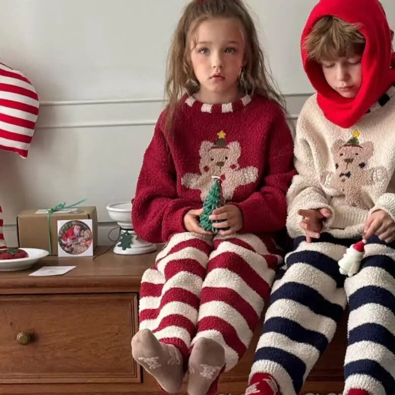 Set Pigiama Autunno Inverno 2025 per Bambini e Bambine, Comodo Abbigliamento da Casa a Righe, Caldo e Alla Moda